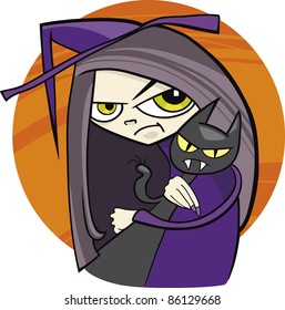 cartoon illustration of funny witch with black cat