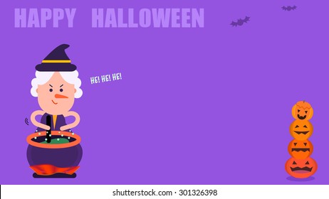 Cartoon illustration of a funny witch lady cooking spooky crazy food, brewing liquid drink, cocktail. Stirring the boiling cauldron pot over an open fire. Happy Halloween holiday party theme for kids.