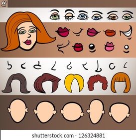 Cartoon Illustration of Funny Woman Face Elements such Eyes, Lips, Noses, Heads and Hair for Animation or Application