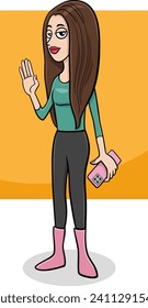 Cartoon illustration of funny young woman or girl comic character with smart phone