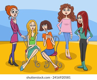 Cartoon illustration of funny young women comic characters group