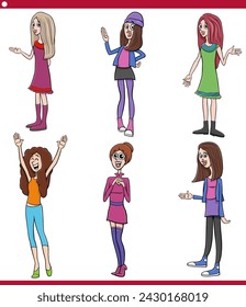 Cartoon illustration of funny young women characters caricature set