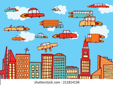 Cartoon Illustration Of Future Urban Air Transportation Or Flying Cars