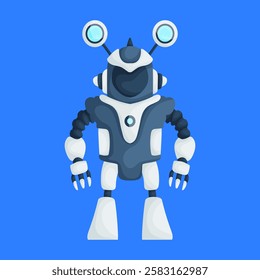 Cartoon illustration of a futuristic robot with blue and white design, claw-like hands, and antennae, set against a blue background. Futuristic Robot Illustration with Antennae