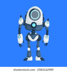 Cartoon illustration of a futuristic robot featuring a circular head, claw-like hands, and a sleek blue and white design on a blue background. Futuristic Robot with Circular Head Design