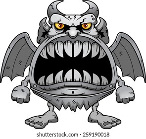 A cartoon illustration of a gargoyle with a big mouth full of sharp teeth.