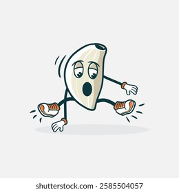 A cartoon illustration of a garlic clove character with surprised expression losing its shoes while running.