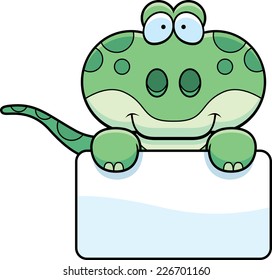 A cartoon illustration of a gecko with a white sign.