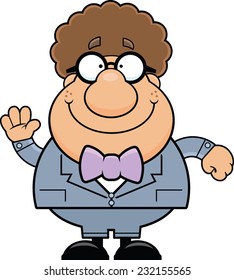 Cartoon illustration of a geek smiling and waving. 
