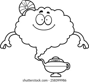 A cartoon illustration of a genie looking happy.