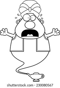 A cartoon illustration of a genie looking scared.