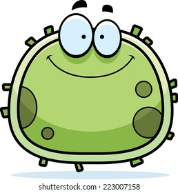 A cartoon illustration of a germ smiling.