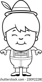 A cartoon illustration of a German boy in lederhosen smiling.