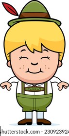 A cartoon illustration of a German boy in lederhosen smiling.