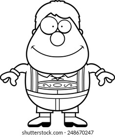 A cartoon illustration of a German boy in lederhosen smiling.