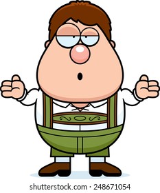 A cartoon illustration of a German boy in lederhosen shrugging.