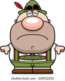 A cartoon illustration of a German man in lederhosen looking sad.