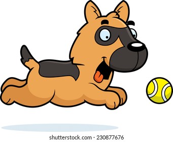 A cartoon illustration of a German Shepherd chasing a ball.