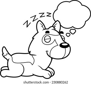 A cartoon illustration of a German Shepherd sleeping and dreaming.