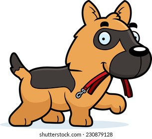 A cartoon illustration of a German Shepherd walking with a leash in his mouth.