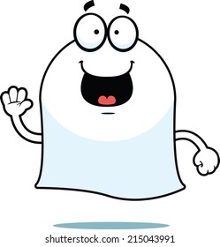 Cartoon illustration of a ghost with a happy expression. 
