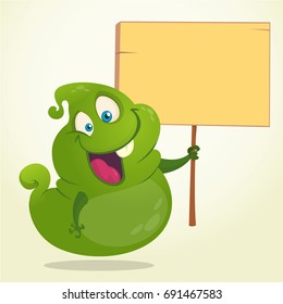 Cartoon illustration of a ghost holding blank wooden sign. 