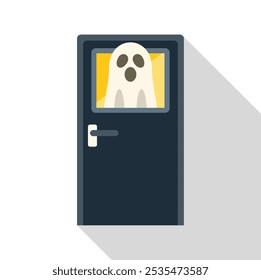 Cartoon illustration of a ghost looking through a door window