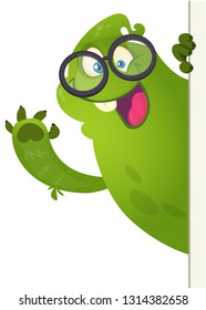Cartoon illustration of a ghost peeping out of blank  sign, banner or placard. Halloween illustration isolated 
