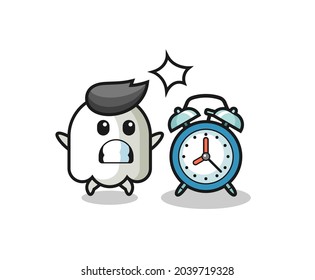 Cartoon Illustration of ghost is surprised with a giant alarm clock , cute style design for t shirt, sticker, logo element
