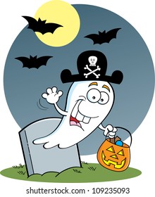 Cartoon illustration of a ghost trick or treating in the moonlight