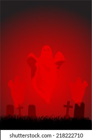 Cartoon illustration of ghosts on cemetery