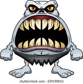 A cartoon illustration of a ghoul with a big mouth full of sharp teeth.