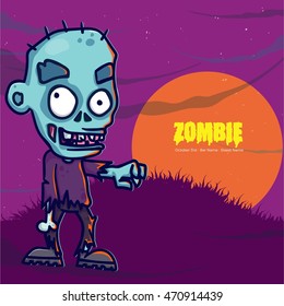 Cartoon illustration of ghoulish unbuttoned green zombies in torn clothes with big eyes , party flyer

