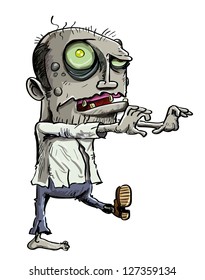 Cartoon illustration of a ghoulish undead green zombie in tattered clothing with a skull-like face and cavernous glowing eye , isolated on white