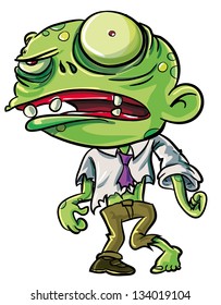 Cartoon illustration of a ghoulish undid green zombie in tattered clothing with big eye , isolated on white