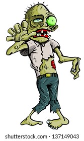 Cartoon illustration of a ghoulish undid green zombie in tattered clothing with big eye , isolated on white 