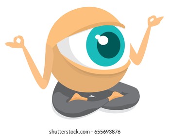 Cartoon illustration of giant eye meditating or practicing yoga