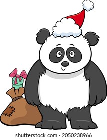 Cartoon illustration of giant panda animal character with sack of presents on Christmas time
