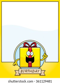 A cartoon illustration of a gift with a birthday themed graphic.