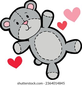 cartoon illustration of the gift of a tender, loving, furry teddy bear, with red and pink hearts