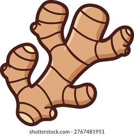 A cartoon illustration of a ginger root, featuring a brown outline and light brown fill, showcasing its unique shape and texture.