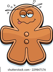 A cartoon illustration of a gingerbread man looking drunk.