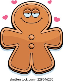 A cartoon illustration of a gingerbread man in love.