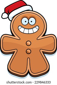 A cartoon illustration of a gingerbread man with a Santa hat.