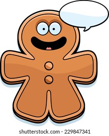 A cartoon illustration of a gingerbread man talking.