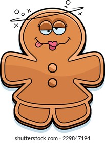 A cartoon illustration of a gingerbread woman looking drunk.