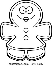 A cartoon illustration of a gingerbread woman looking happy.