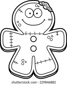 A cartoon illustration of a gingerbread zombie looking happy.