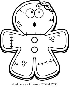 A cartoon illustration of a gingerbread zombie looking surprised at a bite taken out of him.