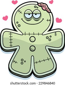 A cartoon illustration of a gingerbread zombie in love.